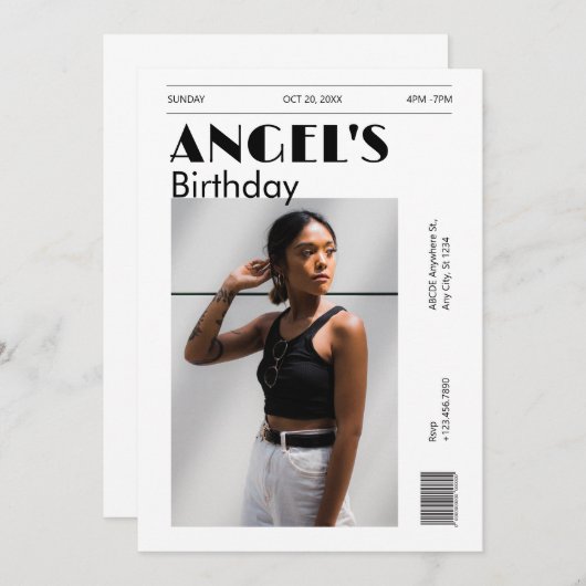 モノクロモダンミニマル写真誕生日 招待状 (正面/裏面)