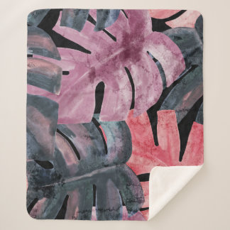 モノクロモンステラ：水彩熱帯パターン。 シェルパブランケット