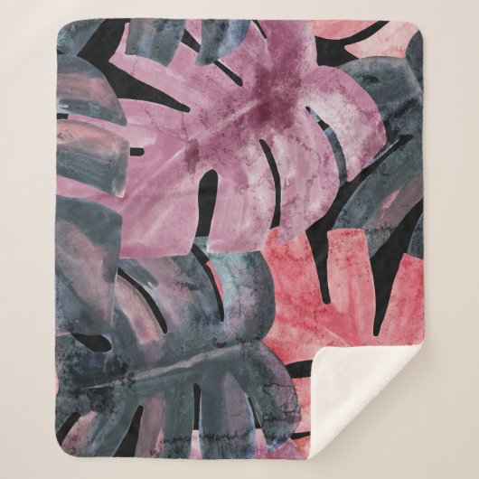 モノクロモンステラ:水彩熱帯パターン。 シェルパブランケット (正面)