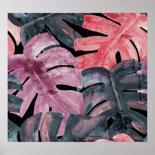 モノクロモンステラ：水彩熱帯パターン。 ポスター (正面)