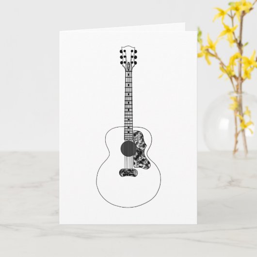 モノクロラインスケッチアコースティックギターアートミュージック カード (黄色い花)