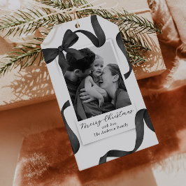 モノクロリボンとリボン結びのフォト クリスマス ギフトタグ