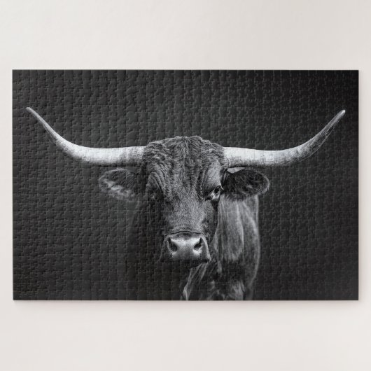 モノクロロングホーン牛 ジグソーパズル (横)