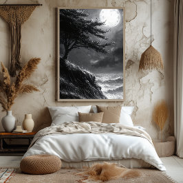 モノクロームの月夜の荒々しい崖 ポスター