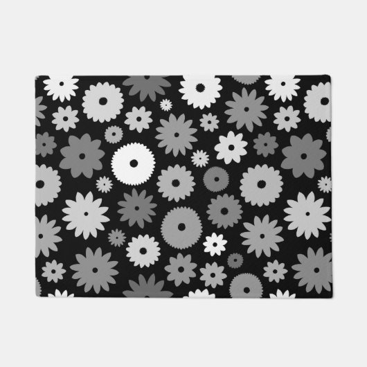 モノクロームの花のビッグパターン ドアマット (正面)