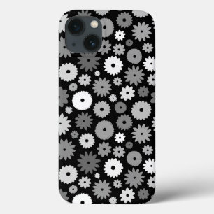 モノクロームの花の繰り返しパターン iPhone 13ケース