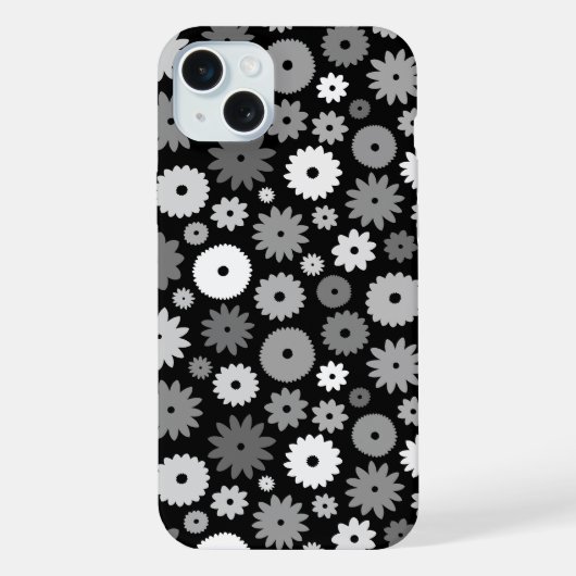 モノクロームの花模様リピートパターン iPhoneケース (裏面)