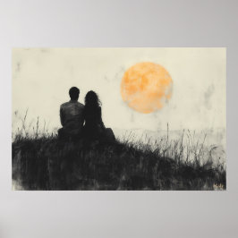 モノクロームアートの夕日を眺めるカップル ポスター