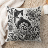 モノクロームアートの花柄と黒猫 クッション (ブランケット)