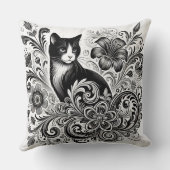 モノクロームアートの花柄と黒猫 クッション (裏面)