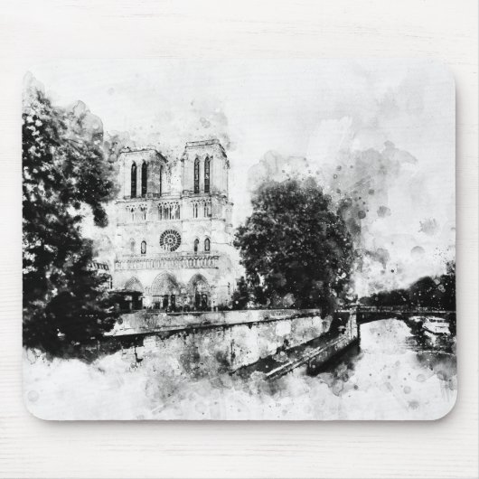 モノクロームイラストレーションノートルダム大聖堂 マウスパッド (正面)