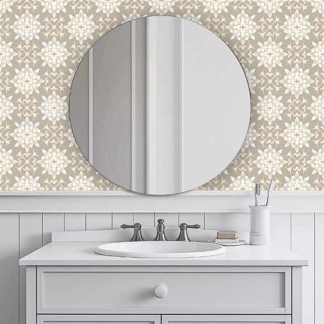 モノクロームカーキ幾何学 壁紙 (Monochromatic Khaki Geometric Wallpaper in a white bathroom.)