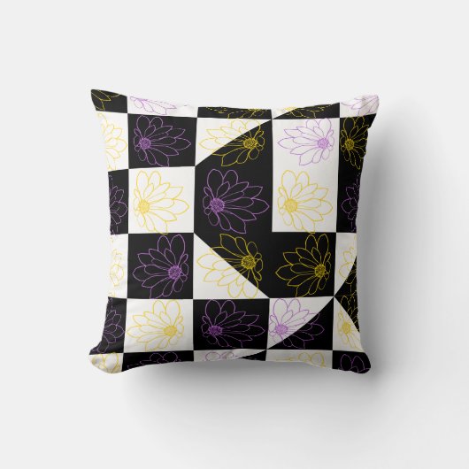 モノクローム美意識の花のパタ市松模様にーン クッション (正面)