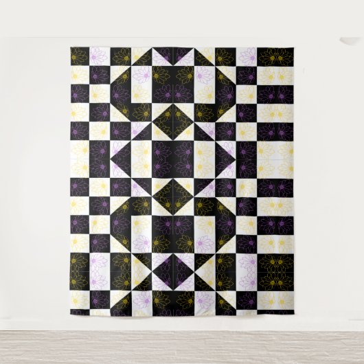 モノクローム美意識の花のパタ市松模様にーン タペストリー (正面)