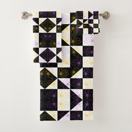 モノクローム美意識の花のパタ市松模様にーン バスタオルセット (インサイチュ)