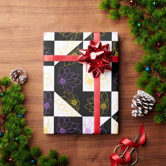 モノクローム美意識の花のパタ市松模様にーン ラッピングペーパー (クリスマスギフト)