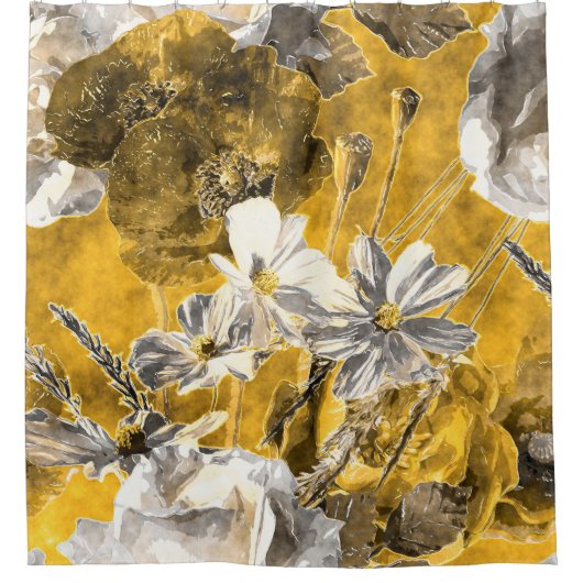 モノクローム花水彩ポピー柄 シャワーカーテン (正面)