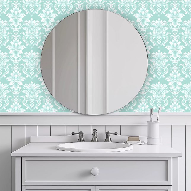 モノクローム ターコイズ 壁紙 (Monochromatic Intricate Turquoise Wallpaper in a white bathroom.)