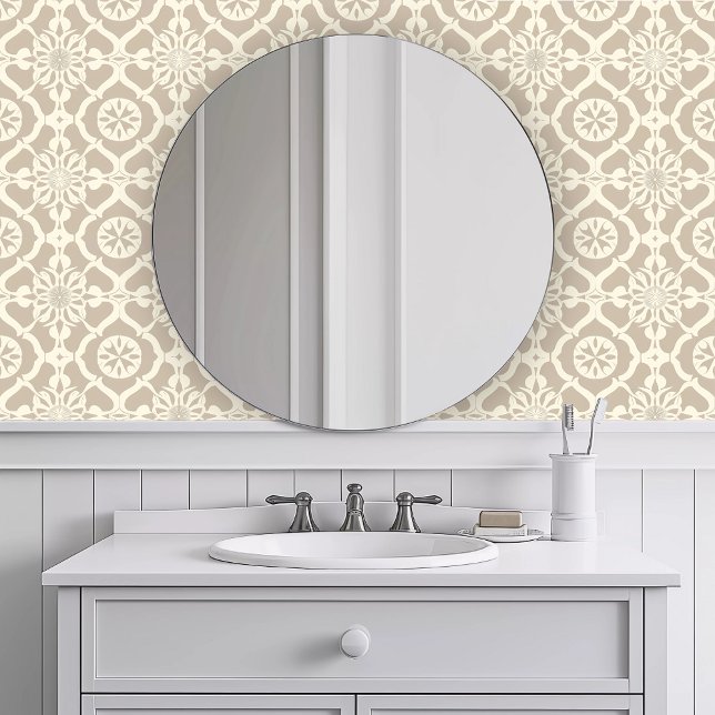モノクロ中立幾何学 壁紙 (Monochromatic Neutral Geometric Wallpaper in a white bathroom.)