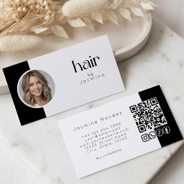 モノクロ写真とQRコードソーシャルアイコン入りヘアデザインカード 名刺