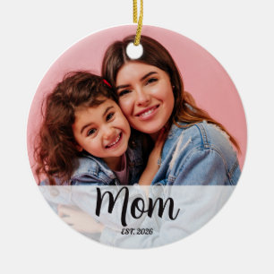 モノクロ写真に「Mom Established」スクリプト セラミックオーナメント