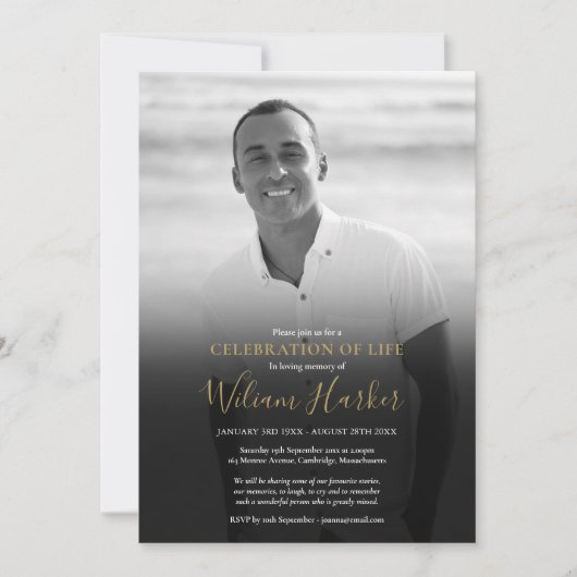 モノクロ写真のお別れ会・葬儀の祝い 招待状 (正面)
