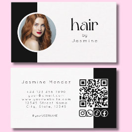 モノクロ写真のQRコードとソーシャルアイコン入りヘアスタイリスト名刺 名刺