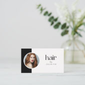 モノクロ写真のQRコードとソーシャルアイコン入りヘアスタイリスト名刺 名刺 (スタンド正面)