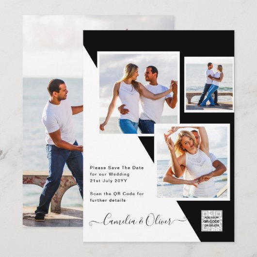 モノクロ写真 ウェディング 招待状 QRコード 記念日 保存 (正面/裏面)