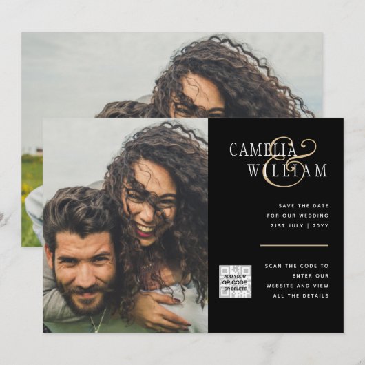 モノクロ写真 ウェディング 招待状 QRコード 記念日 保存 (正面/裏面)
