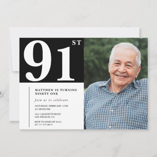 モノクロ写真 男性 91歳の誕生日 招待状 (正面)