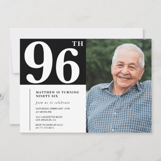 モノクロ写真 男性 96歳の誕生日 インビテーション (正面)