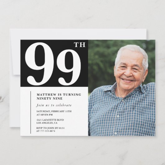 モノクロ写真 男性 99歳の誕生日 インビテーション (正面)