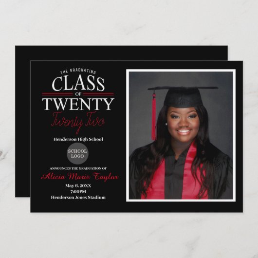 モノクロ卒業招待状（写真あり） 招待状 (正面/裏面)