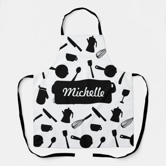 モノクロ台所用品エレガントデザイン エプロン (正面)