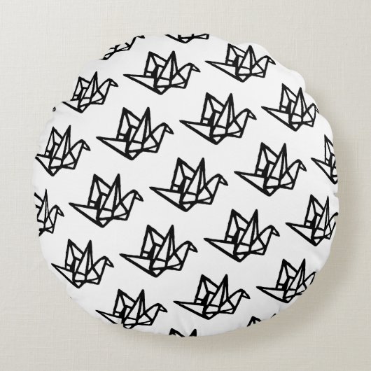 モノクロ和紙折り紙の紙の鶴リノカット ラウンドクッション (正面)
