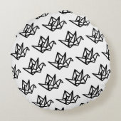モノクロ和紙折り紙の紙の鶴リノカット ラウンドクッション (裏面)