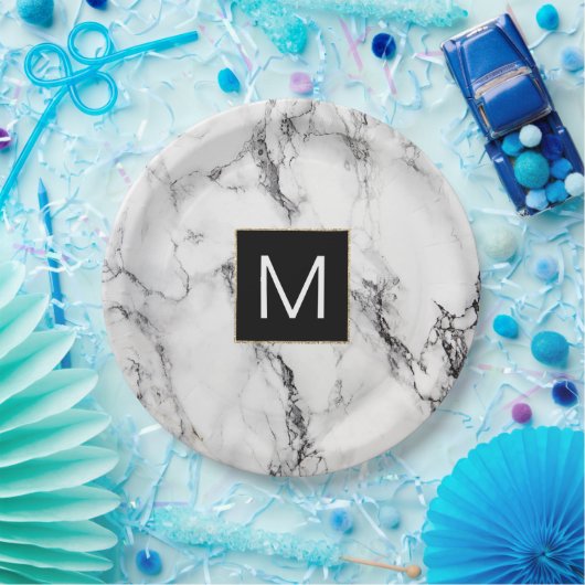 モノクロ大理石のモノグラム ペーパープレート (パーティー)