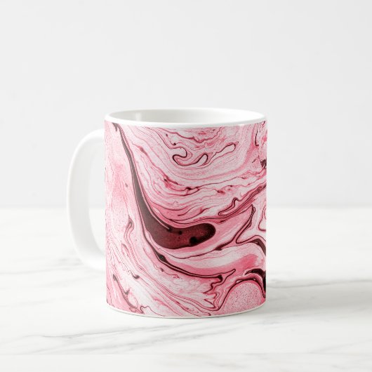 モノクロ抽象芸術ウオーターペイントブラシ，赤フチュリ コーヒーマグカップ (正面左)