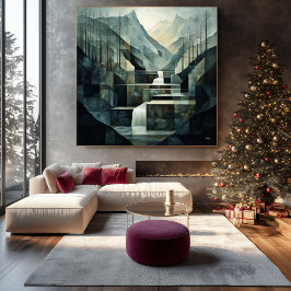 モノクロ抽象芸術山の滝のジオメトリ キャンバスプリント