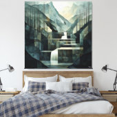 モノクロ抽象芸術山の滝のジオメトリ キャンバスプリント (インサイチュ (寝室))