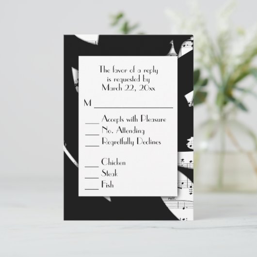 モノクロ抽象音楽の出欠返信（メニュー選択付き） 出欠カード (スタンド正面)
