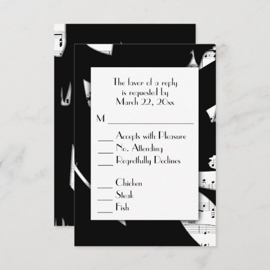 モノクロ抽象音楽の出欠返信(メニュー選択付き) 出欠カード (正面/裏面)