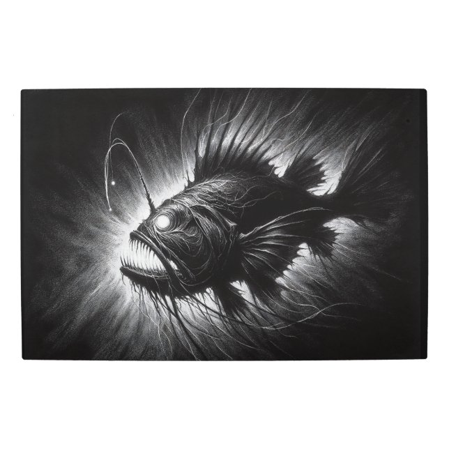 モノクロ深いの神秘的な海産アンコウ メタルプリント (正面)