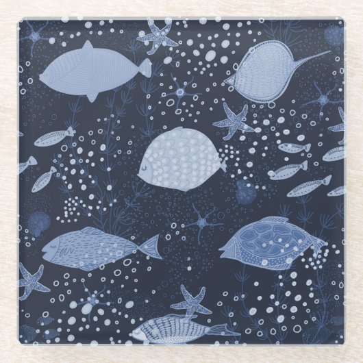 モノクロ睡眠魚、暗いパターン。 ガラスコースター (正面)