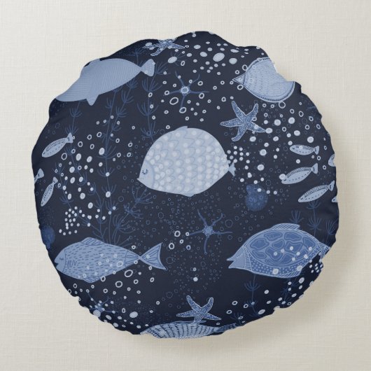モノクロ睡眠魚、暗いパターン。 ラウンドクッション (裏面)