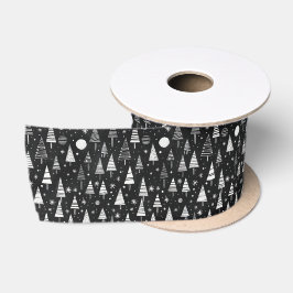 モノクロ線画のクリスマスツリーとオーナメント サテンリボン