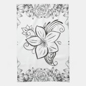 モノクロ美しい花、グラフィック作品 キッチンタオル (縦)