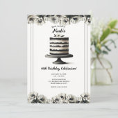 モノクロ花模様のカニのケーキ誕生日パーティー 招待状 (スタンド正面)