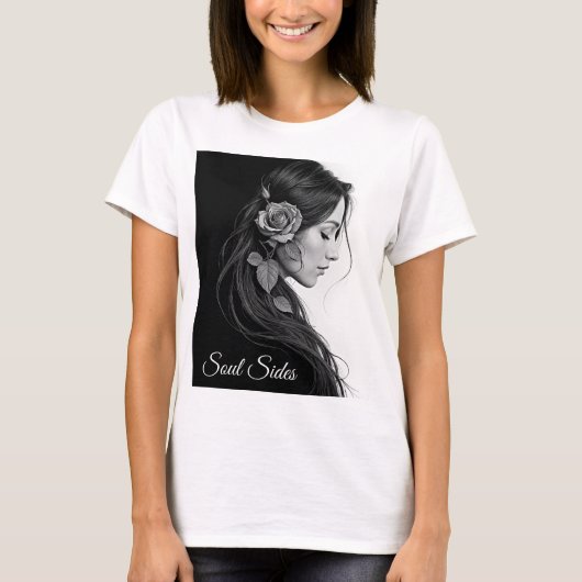 モノクロ芸術的バラ付き女性プロファイル Tシャツ (正面)